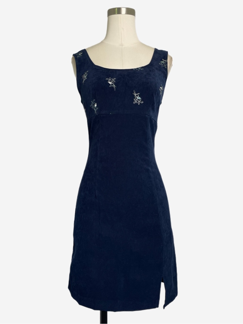 Vintage 90s 579 Blue faux suede floral embroidery mini dress fall whimsigoth XS